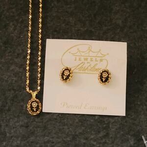 Onyx Black & Cubic Zirconia Flower Gold Plated Necklace Earrings‎ Jewelry Set